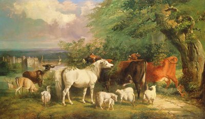 Haddon Hall with Sheep, Cattle, a Stag and a Pony by Henry Barraud