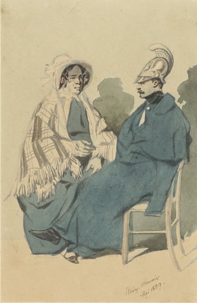 Cuirassier with Helmet and Blue Cloak, Sitting Next to an Old Lady in Travel Attire by Henry Bonaventure Monnier