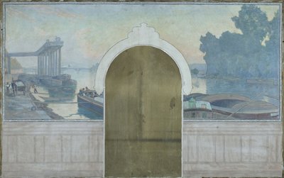 Sketch for the Marriage Hall of the Asnières Town Hall: Landscape. Barges on the Seine, with the Asnières Bridge, circa 1900 by Henry Bouvet