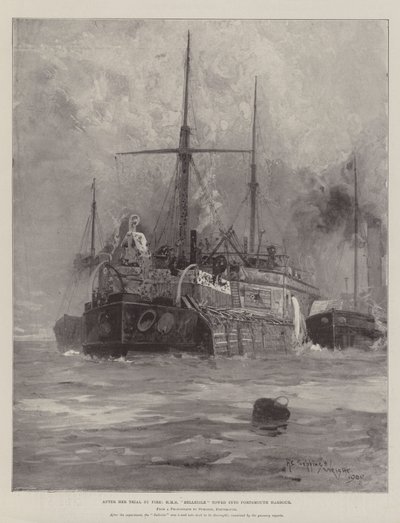 After Her Trial by Fire, HMS Belleisle Towed into Portsmouth Harbour by Henry Charles Seppings Wright
