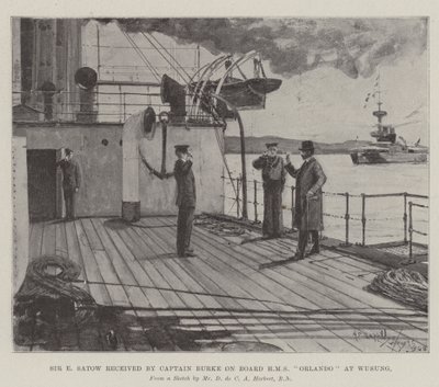 Sir E Satow received by Captain Burke on Board HMS Orlando at Wusung by Henry Charles Seppings Wright