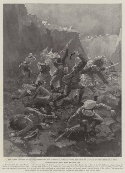 The Indian Frontier Rising, the Dorsetshire Men fighting Hand-to-Hand with the Enemy in a Nullah on the Tseri-Kandao Pass by Henry Charles Seppings Wright