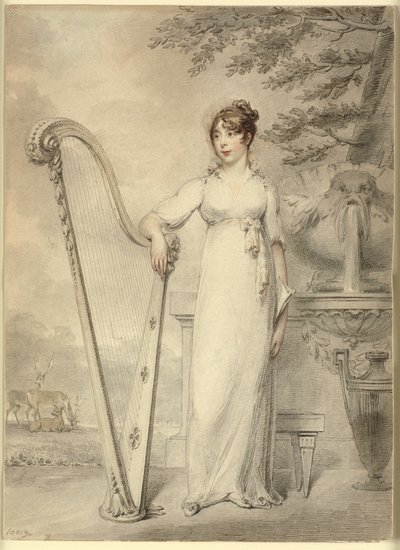 Full-Length Portrait of "Miss V. Dupuis" Resting Her Arm on a Harp. In the Background a Fountain and a Landscape with Deer by Henry Edridge
