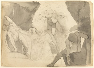 Aided by Eeriboia, Hermes Carries Off the Exhausted Ares from the Sleeping Sons of Aloeus (recto); Sketch of One of the Sleeping Sons of Aloeus (verso) by Johann Heinrich Füssli