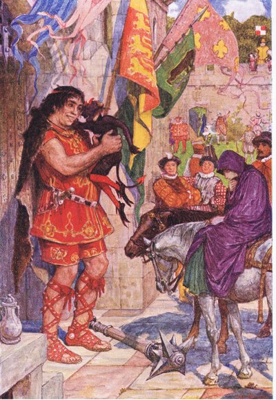 Flibbertibbet dressed as a devil pacifies the giant when Wayland brings Amy to Kenilworth Castle, illustration from Kenilworth by Henry Justice Ford