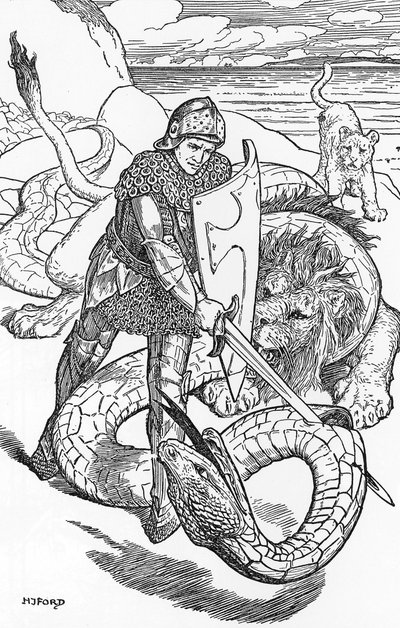Percival fighting the serpent Illustration by HJ Ford (1860-1940) from “The book of romance” 1902 Private collection by Henry Justice Ford