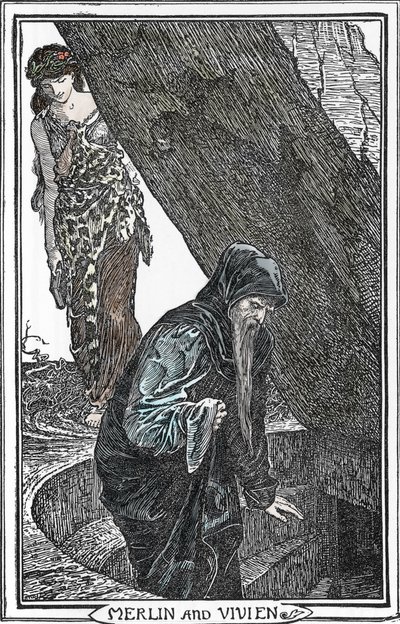 Representation of Merlin the Enchanter and Fee Viviane Illustration by Henry Justice (HJ) Ford (1860-1941) from “The book of romance” 1902 Private Collection by Henry Justice Ford