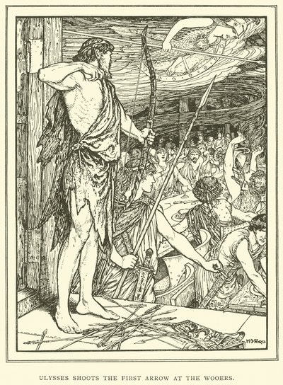 Ulysses Shoots the First Arrow at the Wooers by Henry Justice Ford