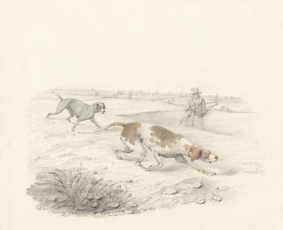 Two Pointers, facing right with a Sportsman by Henry Thomas Alken