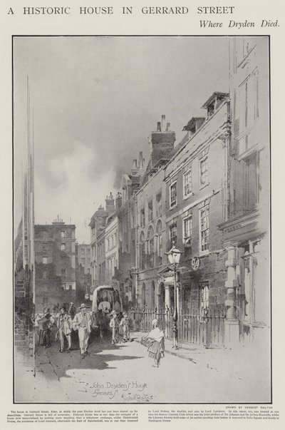 The House on Gerrard Street, London, Where the Poet John Dryden Died in 1700 by Herbert (after) Railton