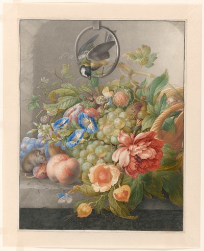 Still Life with Flowers, Fruit, a Great Tit and a Mouse by Herman Henstenburgh