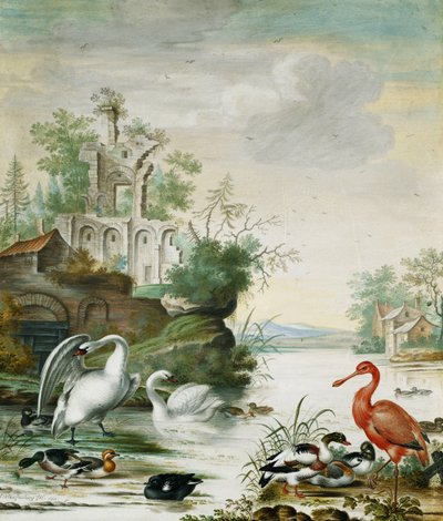 Swans, a Spoonbill, a Mallard, a Wigeon and Other Ducks on a River Below a Ruin, 1694 by Herman Henstenburgh