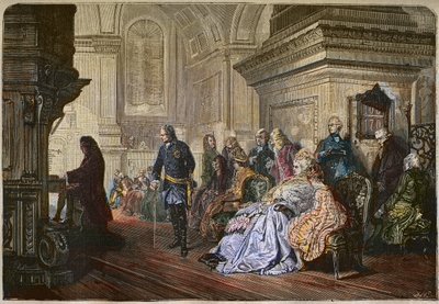 The King of Prussia Frederick II the Great (1712-1786) Listens to the Composer Johann Sebastian Bach Playing at Court, Engraving After a Painting by Kaulbach - Frederick II the Great, King of Prussia, Listening to Johann Sebastian Bach at the Organ, Sansso by Hermann Kaulbach