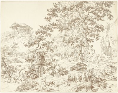 Arcadian Landscape with Bathing Woman by Hermanus Fock