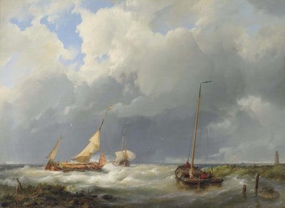 Coastal Scene with Fishing Vessels by Hermanus Koekkoek