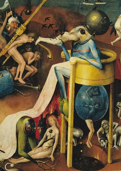 The Garden of Earthly Delights: Hell, right wing of triptych, detail of blue bird-man on a stool (detail) by Hieronymus Bosch