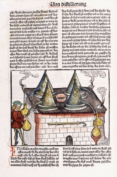 Illustration of a late 15th century distillery to extract the essential oils of plants by Hieronymus Brunschwig