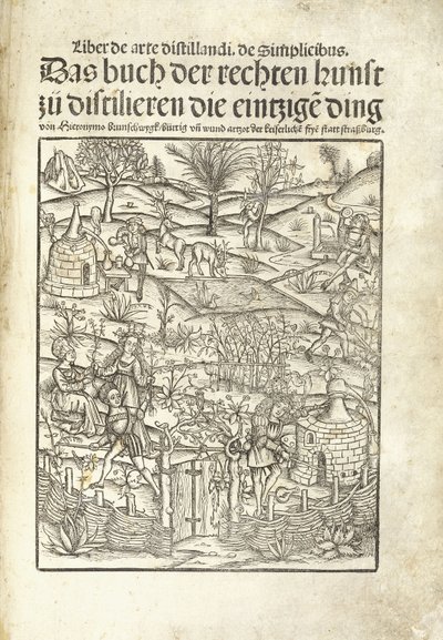Title page, illustrating herbal distilleries with figures in a landscape by Hieronymus Brunschwig