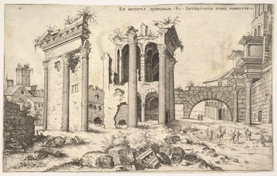 View of unidentified ruins with trabeated facade at left, arcades at center, and arch at right by Hieronymus Cock