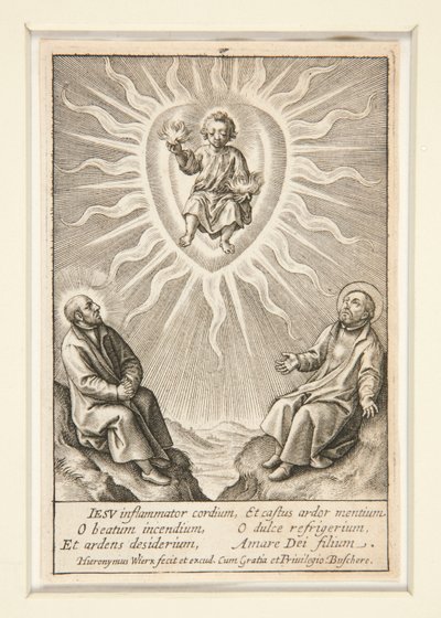 The Infant with a Flaming Heart Between Ignatius of Loyola and Francis Xavier by Hieronymus Wierix