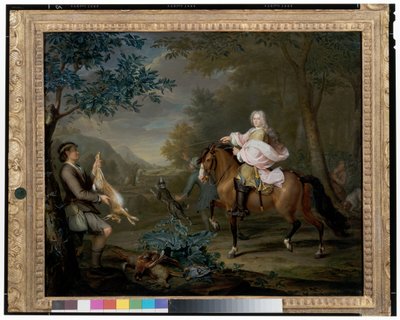 A Gentleman on Horseback with Huntsmen in an Extensive Landscape by Hieronymus van der Mij