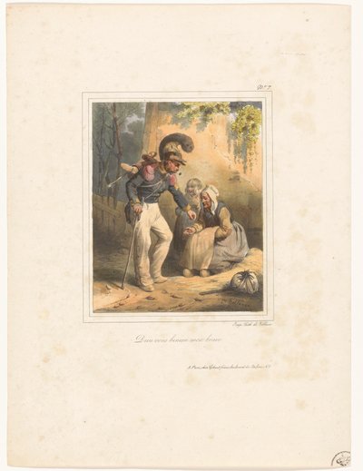 Soldier Giving Money to a Poor Woman (God Bless You, My Brave) (title on object) (Lithographic Album No. 9) (series title) by Hippolyte Bellange