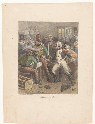Two Soldiers Crossing Swords in a Tavern (series title: Lithographic Sketches) by Hippolyte Bellange