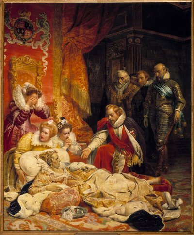 The death of Elizabeth I, Queen of England in 1603. Queen Elizabeth died of depression and illness on 24/03/1603, surrounded by her courtiers. Painting by Paul Delaroche by Hippolyte Delaroche