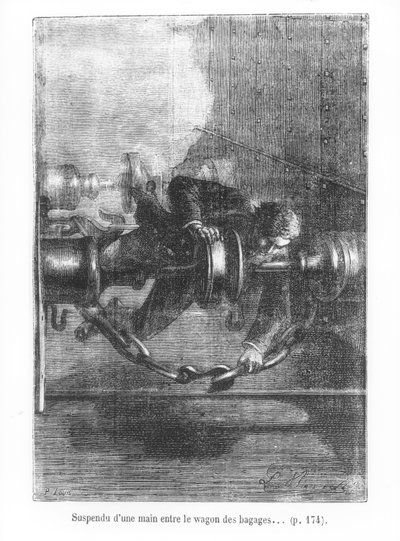 Hanging on by One Hand Between the Baggage Car, illustration from 