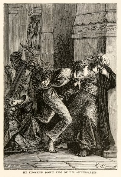 He knocked down two of his adversaries, from Around the World in Eighty Days by Jules Verne by Hippolyte Leon Benett