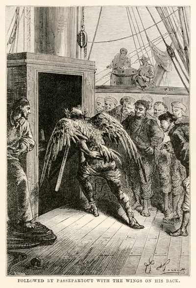 Followed by Passepartout with the wings on his back, from Around the World in Eighty Days by Jules Verne, engraved by Adolphe François Pannemaker, 1873 by Hippolyte Leon after Benett