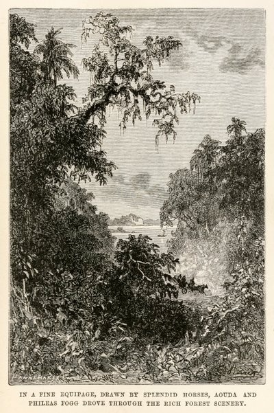 In a fine equipage, drawn by splendid horses, Aouda and Phileas Fogg drove through the rich forest scenery, from Around the World in Eighty Days by Jules Verne by Hippolyte Leon after Benett