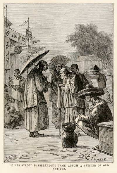 In his stroll Passepartout came across a number of old natives, from Around the World in Eighty Days by Jules Verne by Hippolyte Leon after Benett