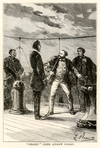 Pirate! cried Andrew Speedy, from Around the World in Eighty Days by Jules Verne, engraved by Louis Dumont, 1873 by Hippolyte Leon after Benett
