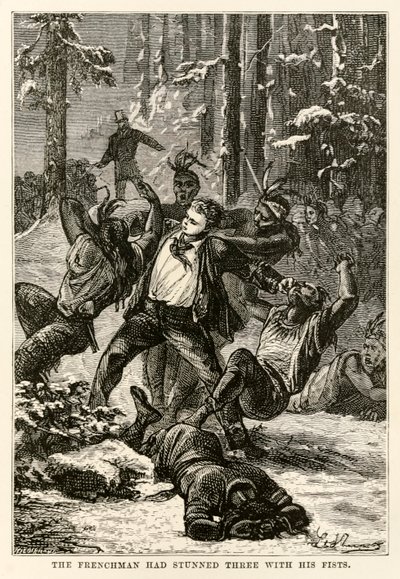 The Frenchman had stunned three with his fists, from Around the World in Eighty Days by Jules Verne, engraved by Henri-Théophile Hildebrand, 1873 by Hippolyte Leon after Benett