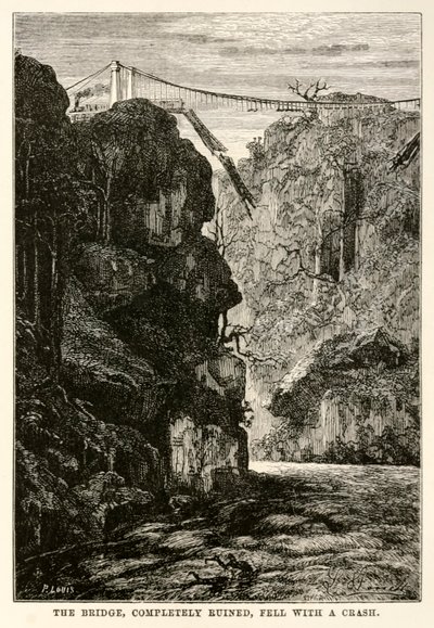 The bridge, completely ruined, fell with a crash, from Around the World in Eighty Days by Jules Verne, engraved by Louis, 1873 by Hippolyte Leon after Benett