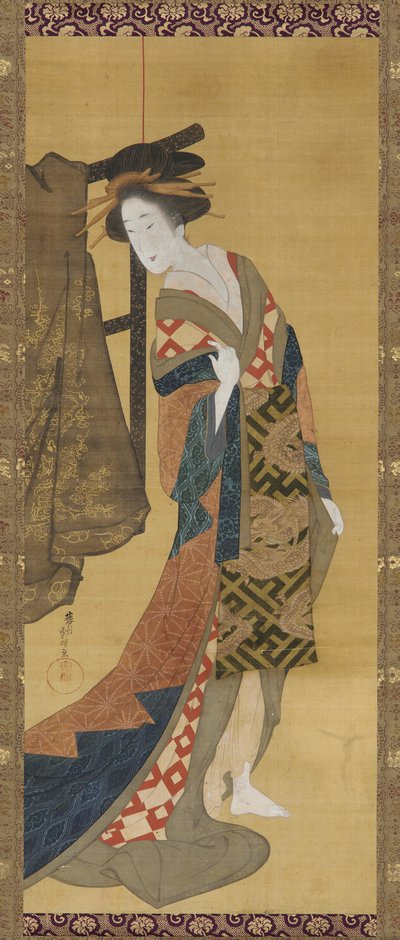 A Courtesan Standing Near a Clothes Rack by Hishikawa Sori