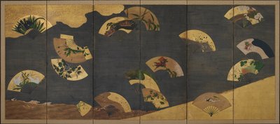 Fans and Clouds Over Rocks and Water, Edo Period by Hon