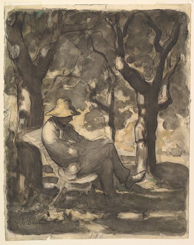 A Man Reading in a Garden, Preliminary Sketch, ca. 1865 by Honoré Daumier