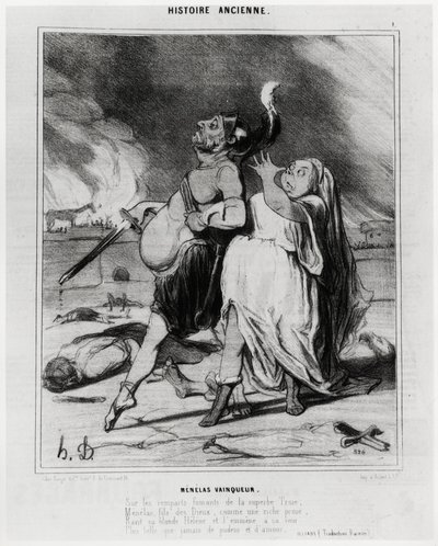 Ancient story: Menelas winner, caricature to illustrate an excerpt from the Iliad of Homer: 