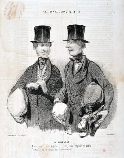 Artwork by Honore Daumier (1808-1879). Charivari dates from 1845: Serie LES BEAUX DAYS DE LA VIE. In Carnival -Let