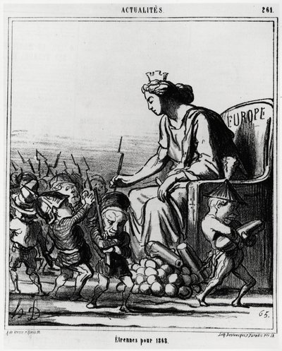 Europe: foreign for 1868. Europe distributes guns and cannons to each representative of the countries, recognizable by their hat. Illustration by Honore Daumier, published in 