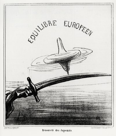 European Balance: Japanese Revival. Just After the Restoration of the Imperial Regime in Japan, Following the Resignation of the Tokugawa Shogunate in November 1867. Illustration by Honore Daumier, Published in the News, 