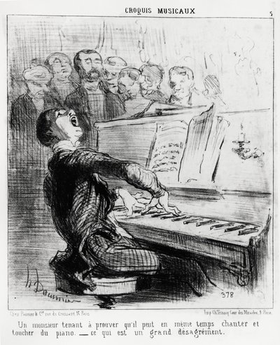 Musical sketches: a gentleman who is keen to prove that he can at the same time sing and play the piano, which is very disgraceful. Illustration by Honore Daumier, published in Charivari, dated 17 February 1852 by Honoré Daumier