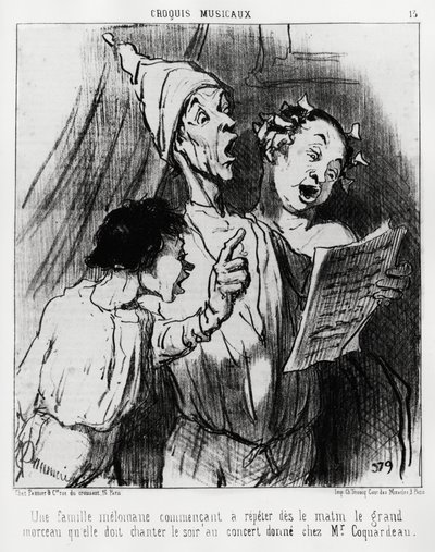 Musical Sketches: A Melomaniac Family Starting to Repeat in the Morning the Big Song They Had to Sing in the Evening at the Concert Given to Mr. Coquardeau. Illustration by Honore Daumier, Published in Charivari, Dated March 3 by Honoré Daumier