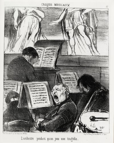 Musical sketches: the orchestra while playing a tragedy. Illustration by Honore Daumier, published in 
