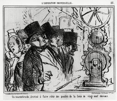 Universal exhibition: a turntable, designed to roast chickens with the strength of twenty-nine horses. Illustration by Honore Daumier, published in 