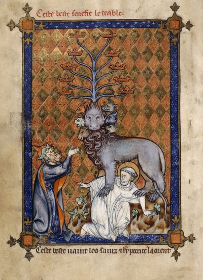 The Beast of the Apocalypse, trampling a saint and adored by a kneeling hypocrite, illustration from 