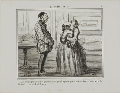 "- I am not afraid for me, but if I think of poor Azor who will perish on the 13th of June... it simply breaks my heart," plate 8 from The Comet of 1857 by Honoré Victorin Daumier