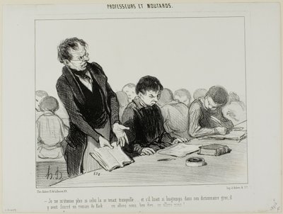 "- Now I understand why this chap was so quiet all the time..... instead of reading quietly in his Greek dictionary, he was indulging in a novel by de Kock.... Oh my God.... where is this all going to end!!," plate 22 from Professeurs Et Moutards by Honoré Victorin Daumier